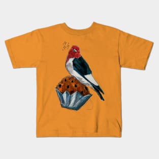 Bakery Birds: Red Headed Woodpecker on Chocolate Chip Muffin Kids T-Shirt